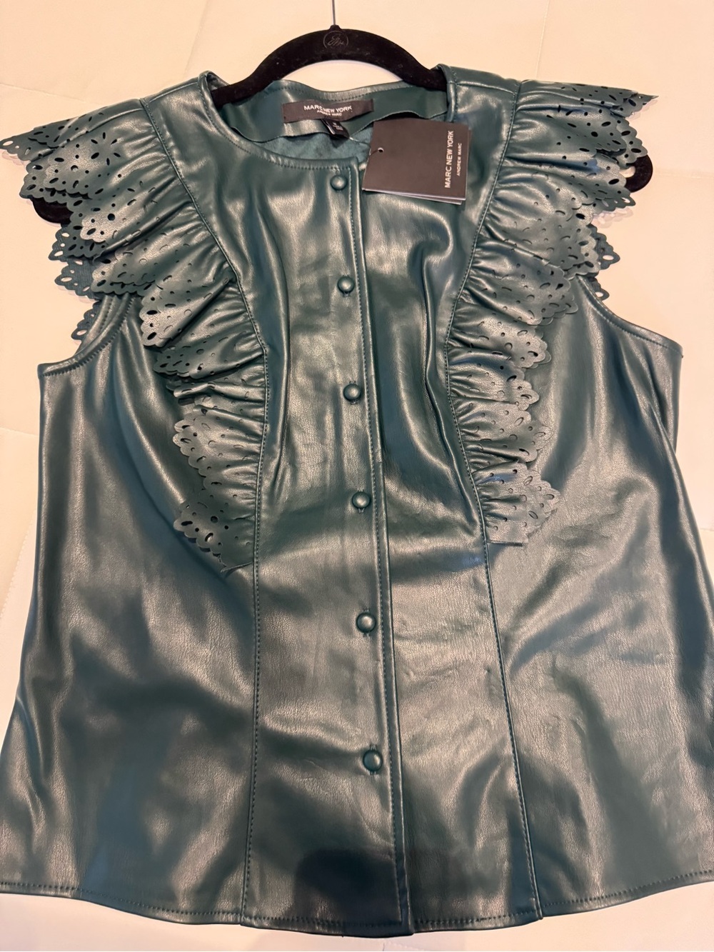 Marc New York Teal Faux Leather Ruffle Sleeveless Top
